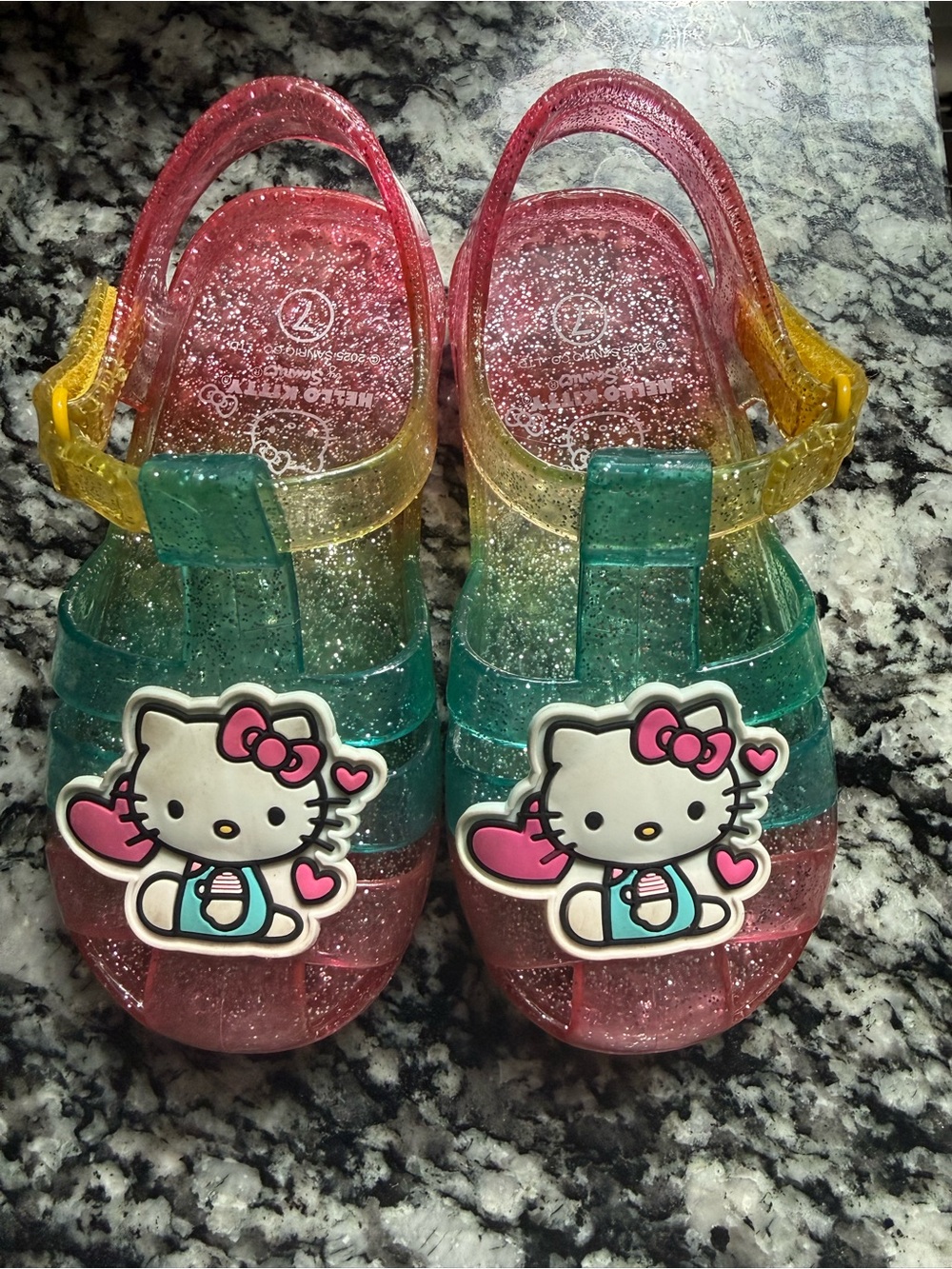 Hello Kitty Glitter Jelly Sandals in Pink, Green & Yellow